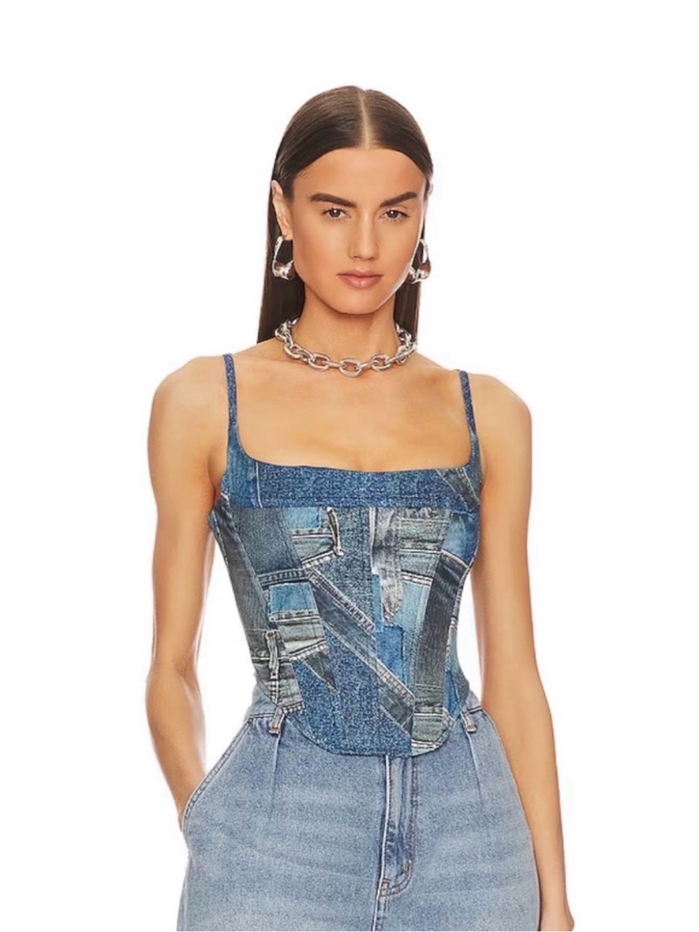 Miaou Tops | Miaou Love Corset In Denim Print | Color: Blue | Size: M